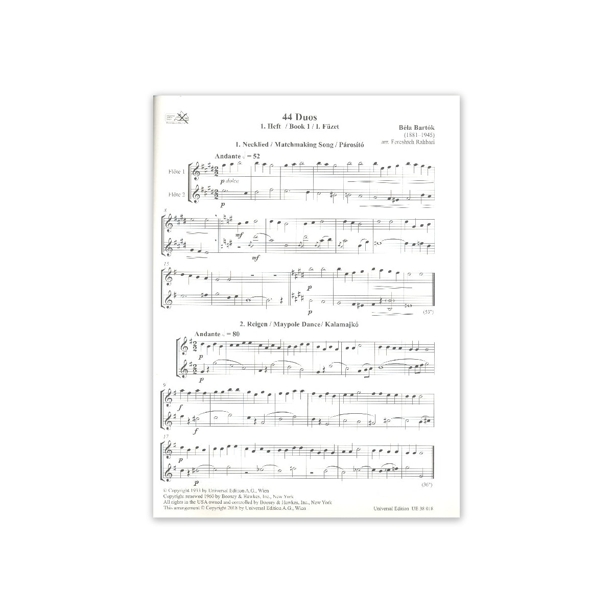 Bartok, 44 Duos - bearbeitet für Flöte