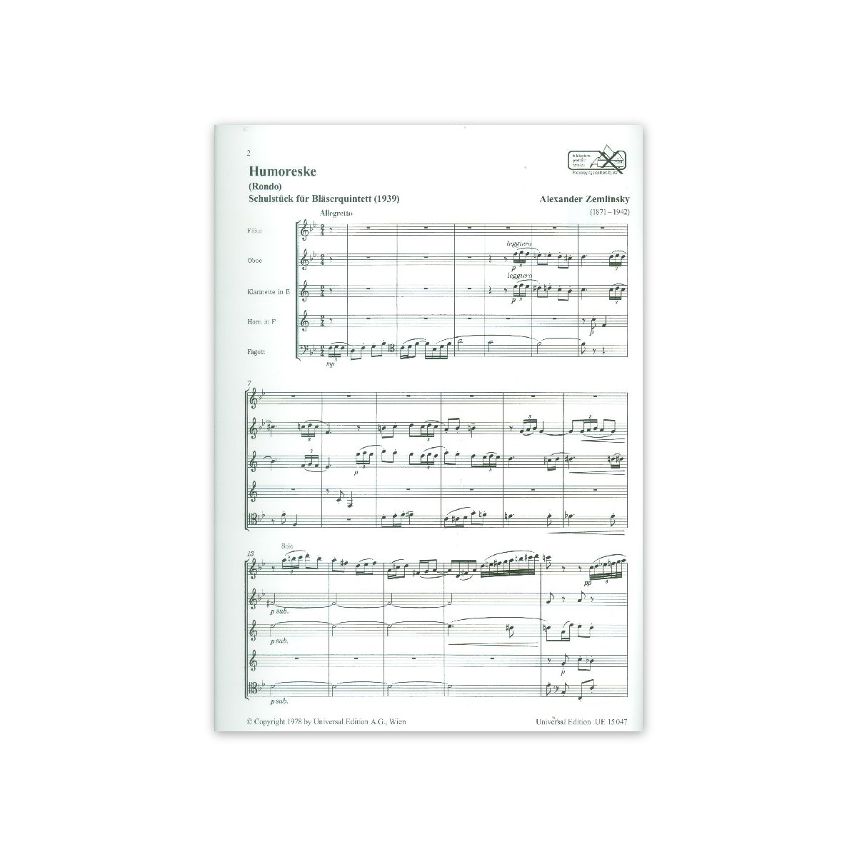 Zemlinsky, Humoreske Bläserquintett