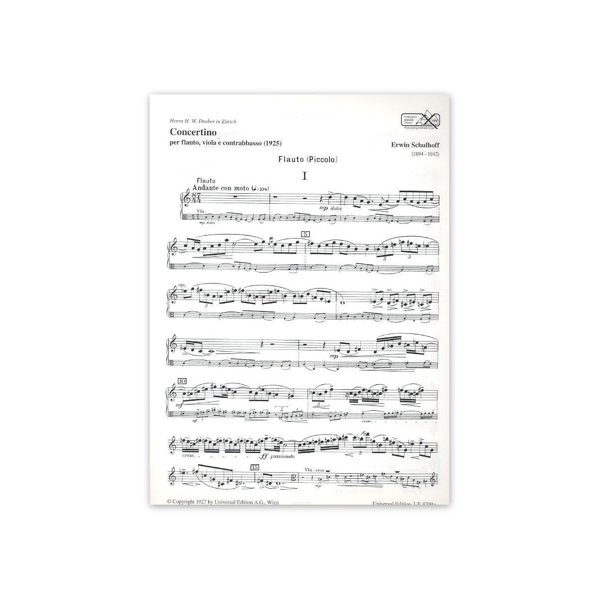 Schulhoff, Concertino - Fl.Va.Kb.