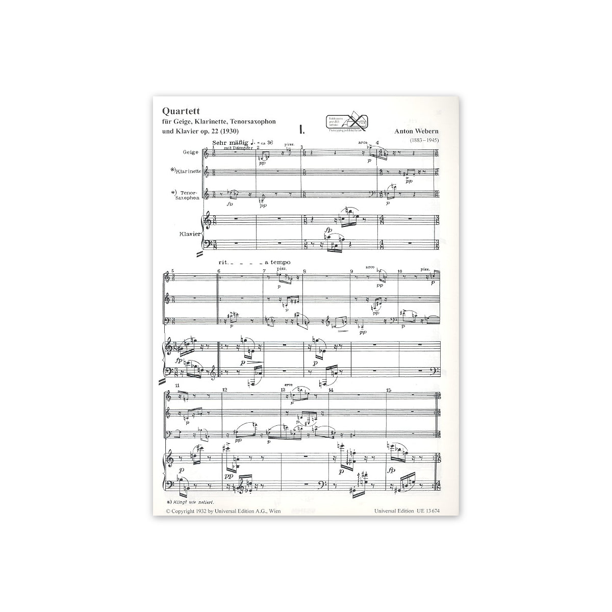 Webern, Quartett Vl.Klar.Tenorsax & Klav.