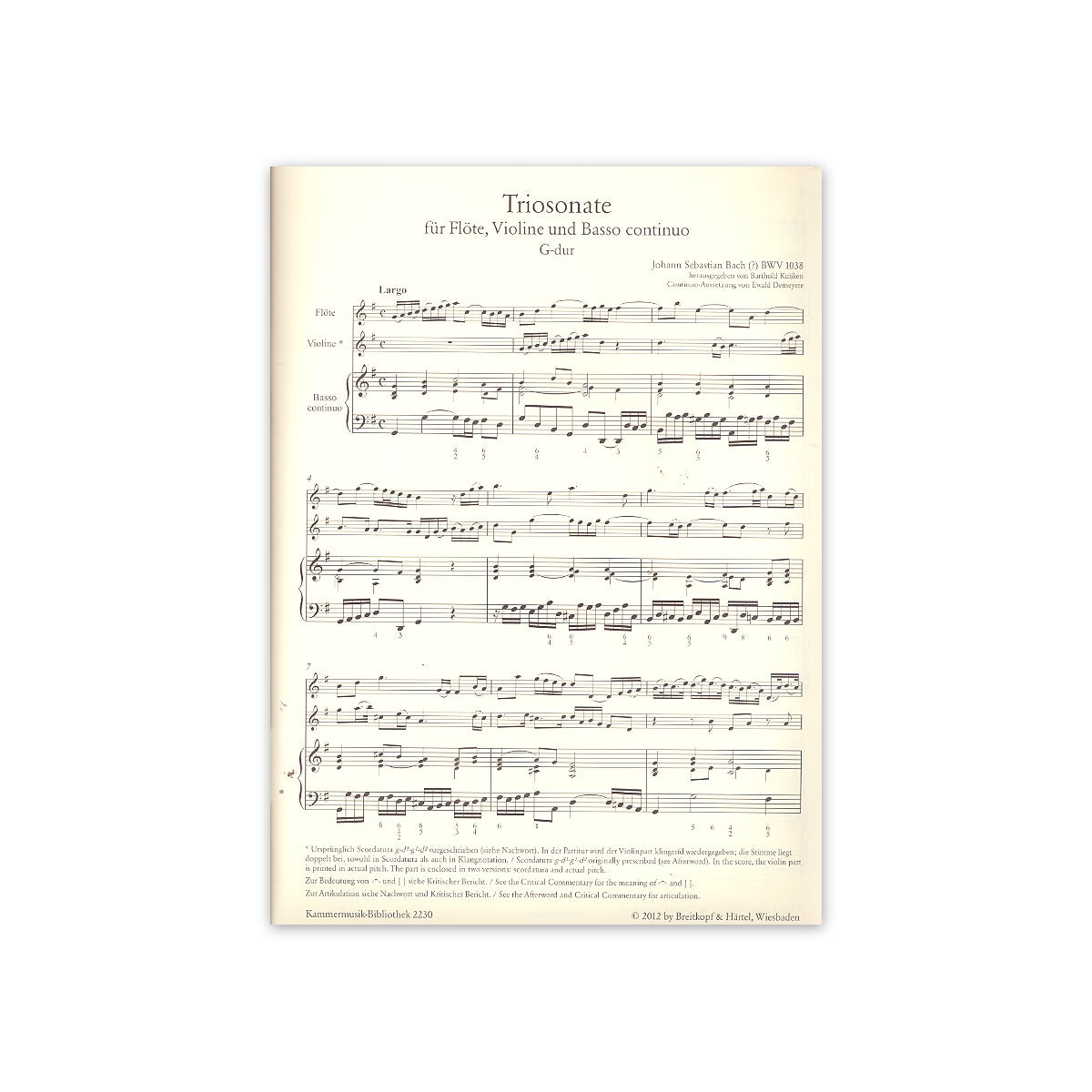 Bach, Triosonate G-Dur BWV 1038 - Fl.,Vl.,Bc. View 1