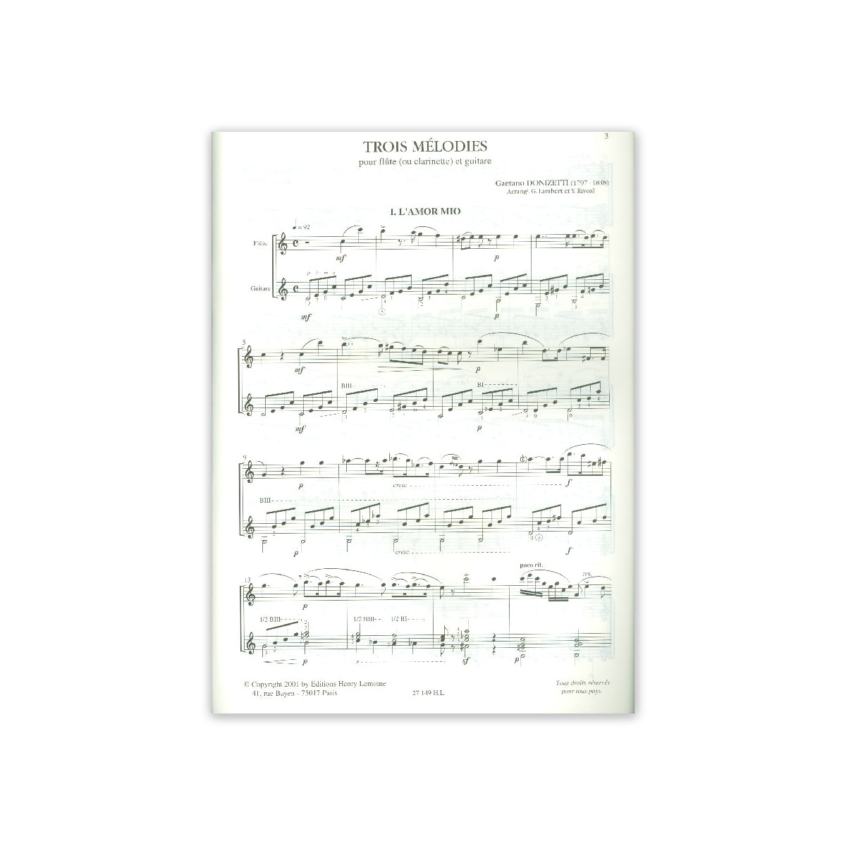 Donizetti, 3 Melodies - Klar. & Git. View 1