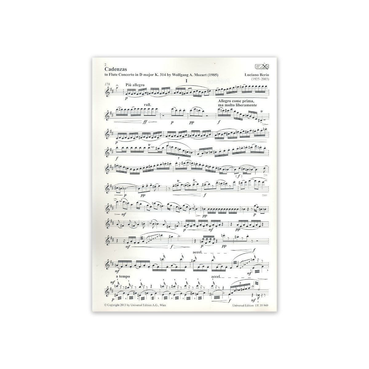 Berio, Kadenzen zum Flötenkonzert D-Dur KV314